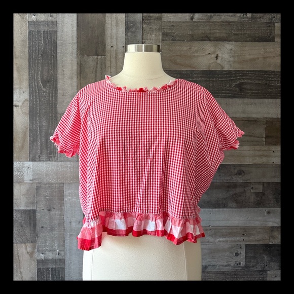 Handmade Tops - Handmade red gingham plaid ruffle trim top large festival boho garden party